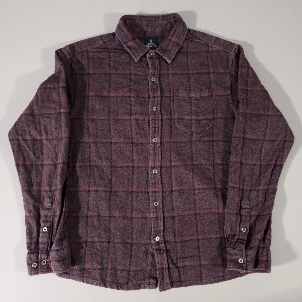 Prana Flannel Shirt Mens XL Burgundy Plaid Long Sleeve Cotton Button Down